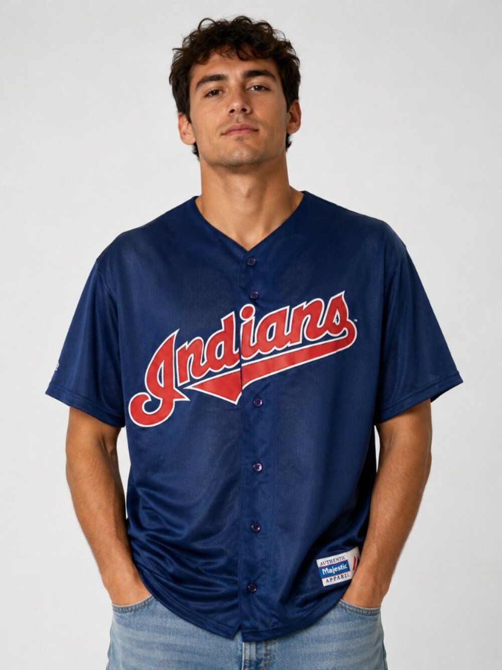 Cleveland Indians Mens Jersey Size Large Baseball Majestic Blue Mesh Button Up